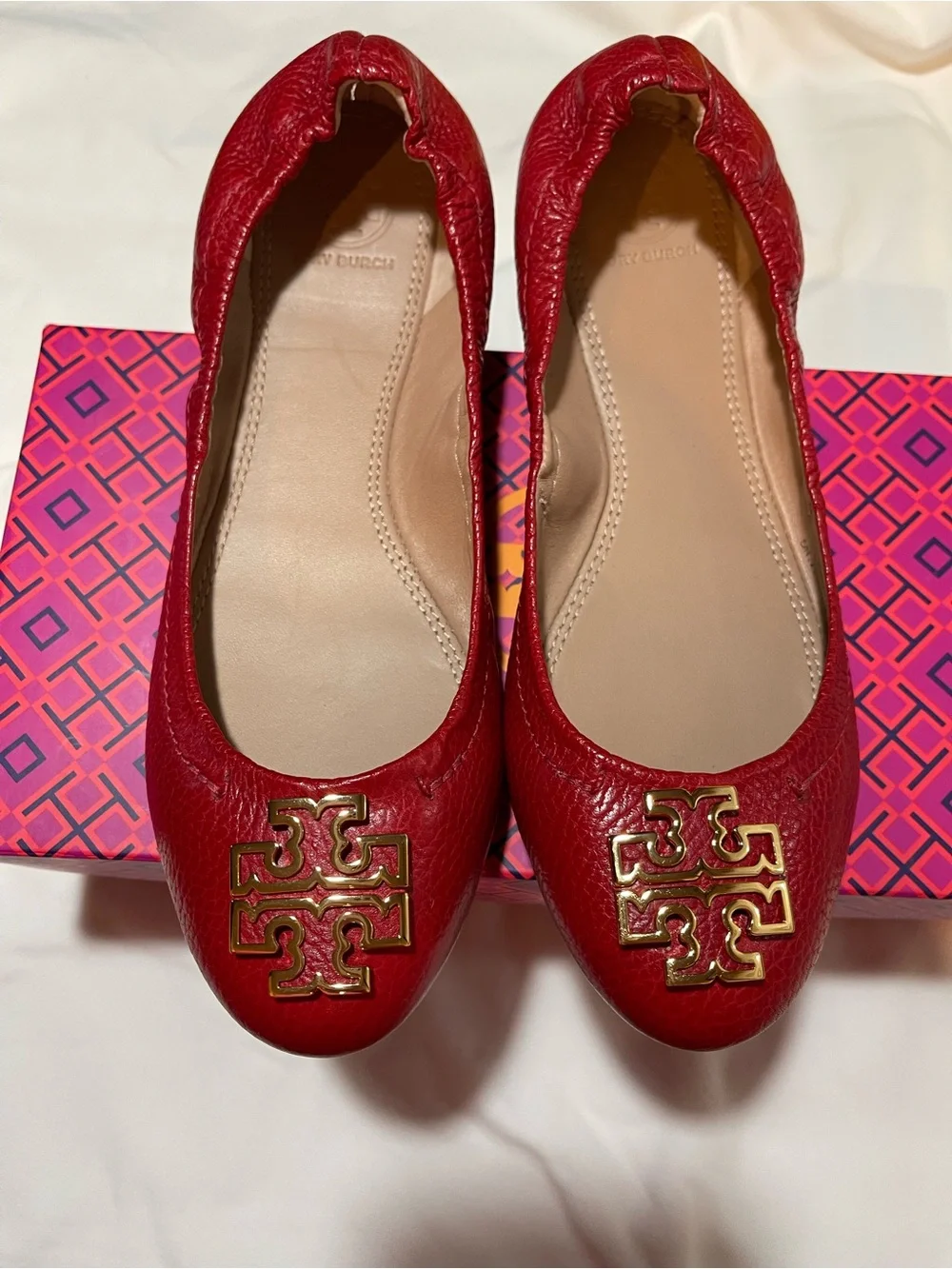 Tory Burch Red (Cerise) Leather Logo Melinda Ballet Flats